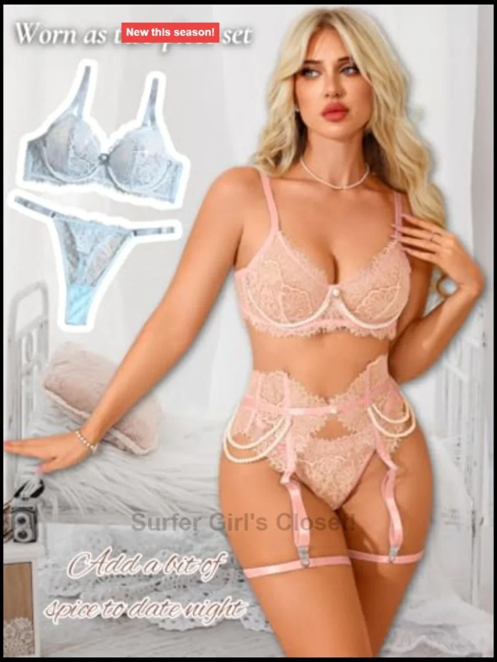 4PC Lace Lingerie Set Sheer Bra Panty Garter Belt Thigh Highs Boudoir